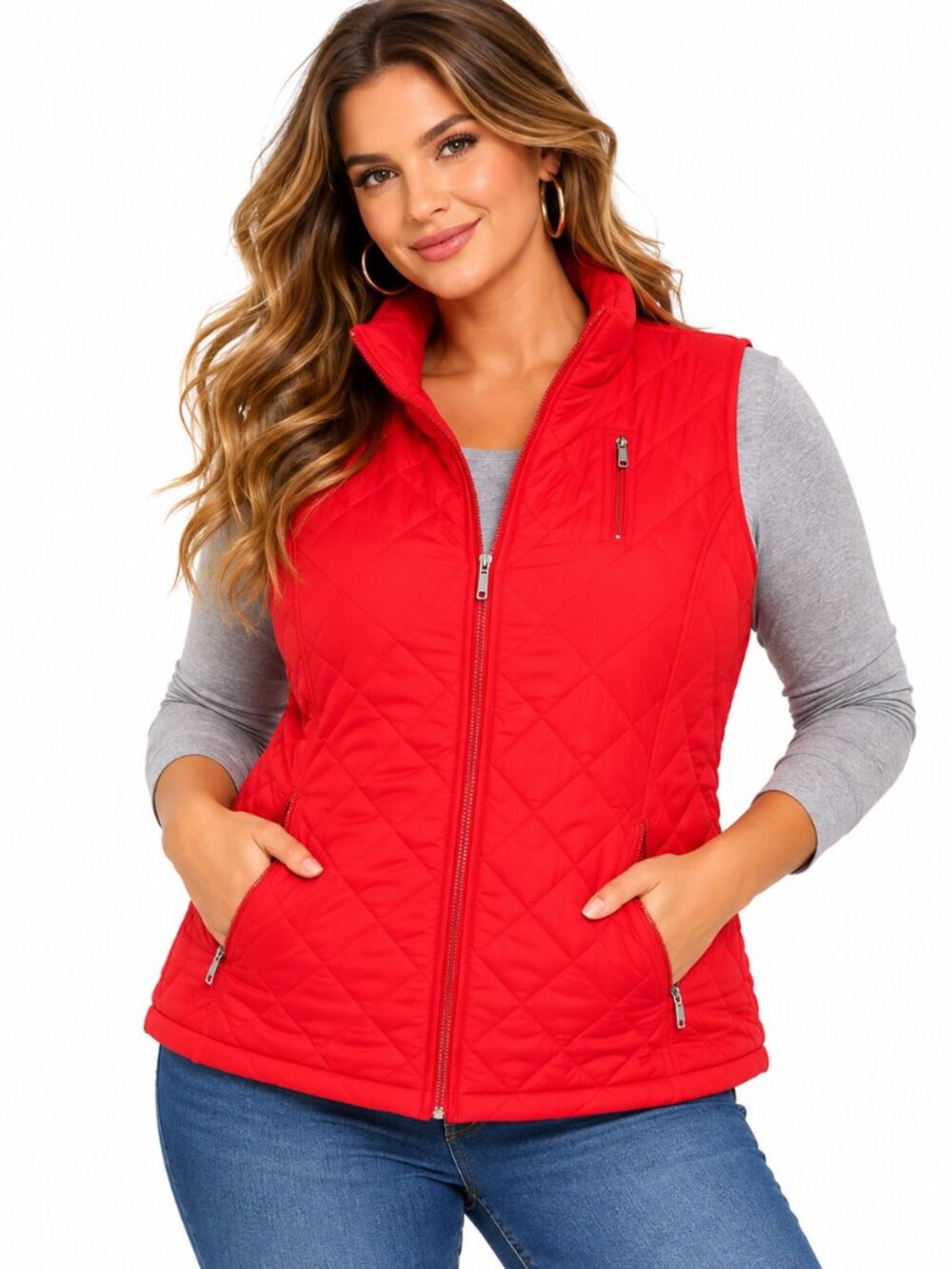 Iactive Women’s Red Quilted Puffer Vest Plus Size 2X Full Zip Lightweight